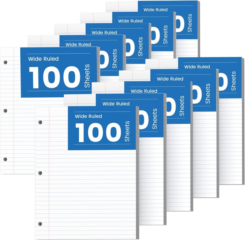 Aidunmis 10 Pack Loose Leaf Paper 8.5 x 11, 1000 Sheets Lined Paper for 3 Ring Binders, Wide Ruled Notebook Paper, 3 Hole Punch Binder Paper, 100 Sheets/Pack Filler Paper for Office, School, and Home - Image 1